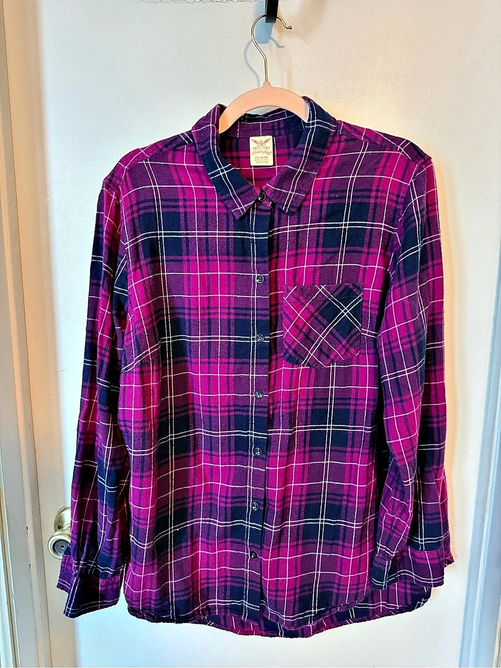 Faded Glory Blue Sapphire Pink Plaid Flannel Shirt 1X 16W 100% Cotton